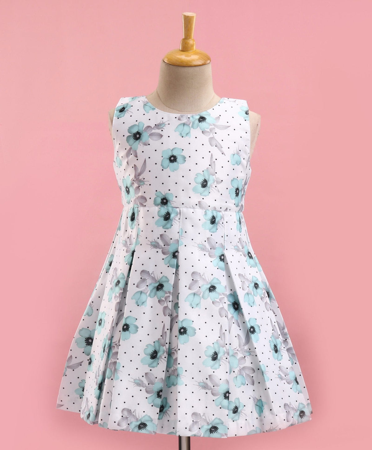 Enfance Sleeveless Flower Printed Pleated Dress With Short Puffed Sleeves Floral Applique Shrug Polka Dotted Set -Sea Green