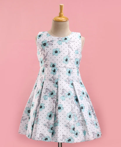 Enfance Sleeveless Flower Printed Pleated Dress With Short Puffed Sleeves Floral Applique Shrug Polka Dotted Set -Sea Green