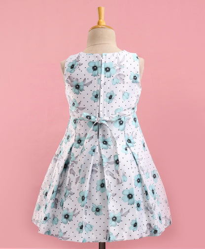 Enfance Sleeveless Flower Printed Pleated Dress With Short Puffed Sleeves Floral Applique Shrug Polka Dotted Set -Sea Green
