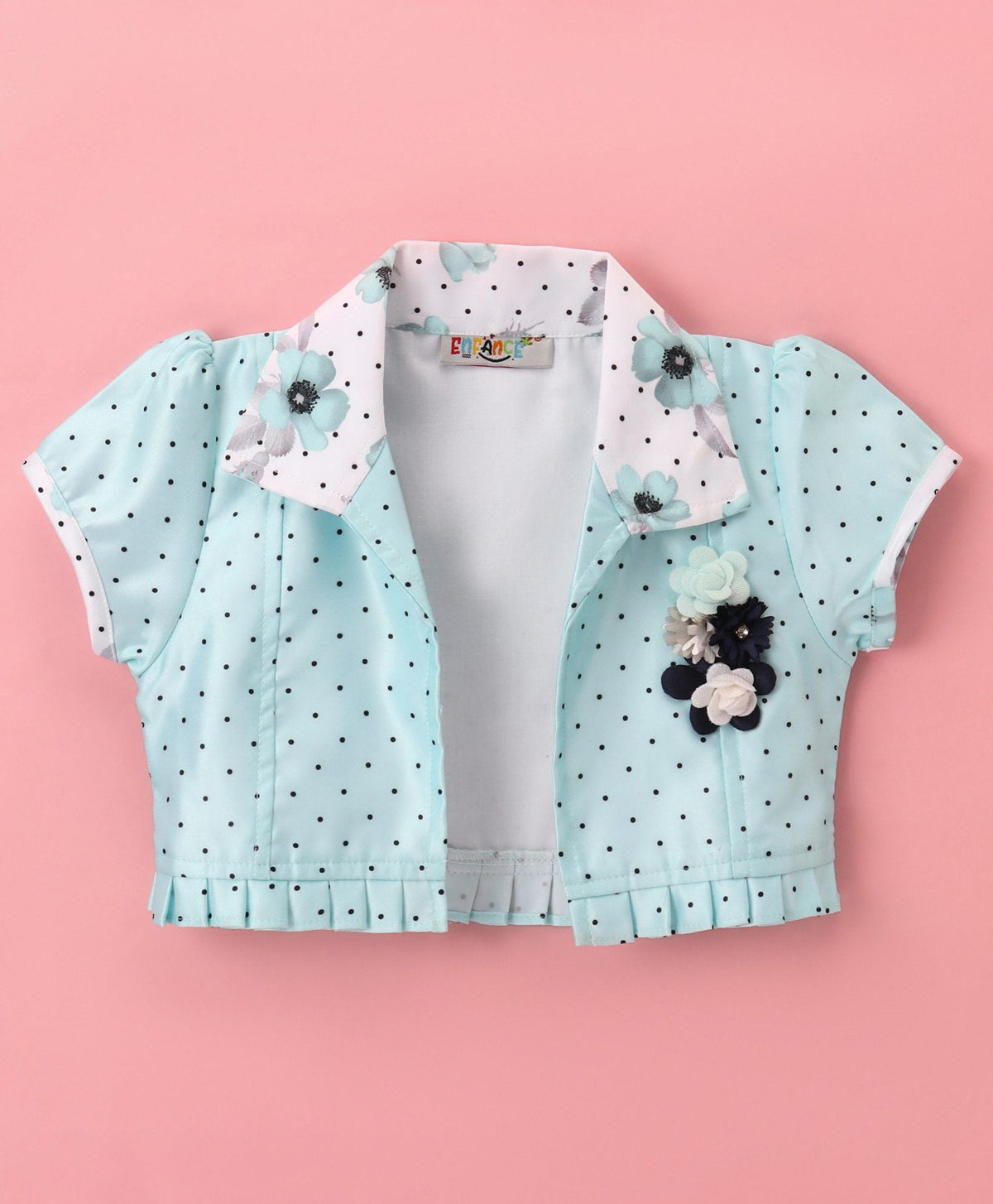 Enfance Sleeveless Flower Printed Pleated Dress With Short Puffed Sleeves Floral Applique Shrug Polka Dotted Set -Sea Green