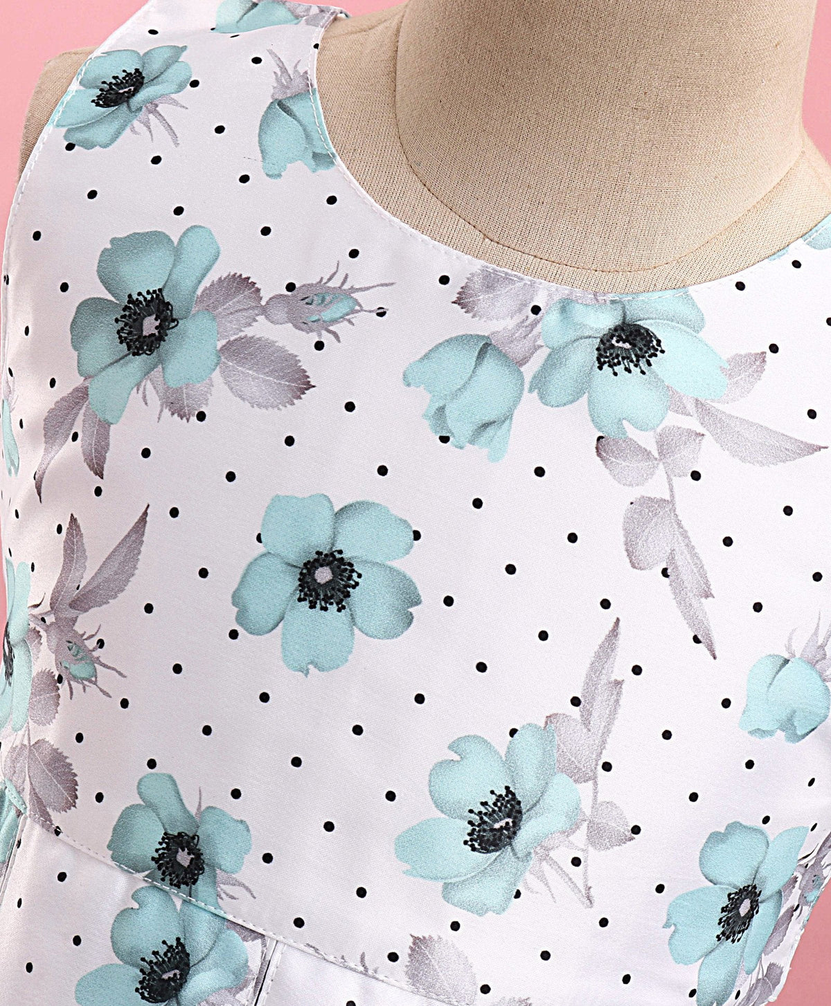 Enfance Sleeveless Flower Printed Pleated Dress With Short Puffed Sleeves Floral Applique Shrug Polka Dotted Set -Sea Green