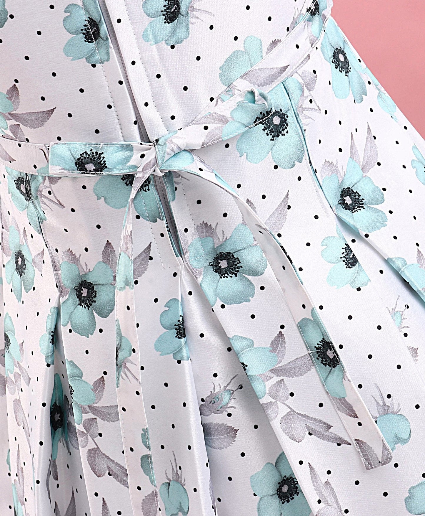 Enfance Sleeveless Flower Printed Pleated Dress With Short Puffed Sleeves Floral Applique Shrug Polka Dotted Set -Sea Green