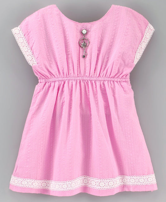 Enfance Sleeveless Circles Print Dress With Cap Sleeves Floral Applique Shrug -Pink