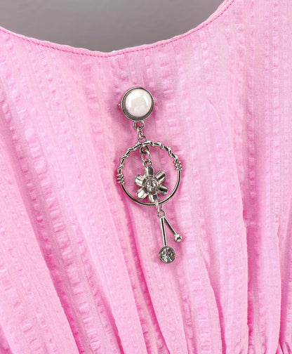 Enfance Sleeveless Circles Print Dress With Cap Sleeves Floral Applique Shrug -Pink
