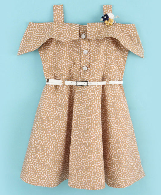 Enfance Half Sleeves Printed Casual Dress -Khaki