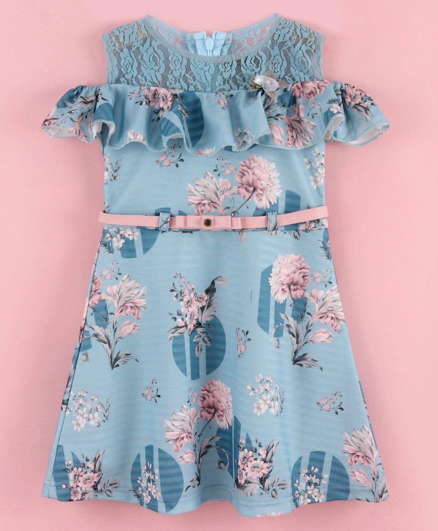 Enfance Cold Shoulder Sleeves Flower & Circle Print Dress -Blue