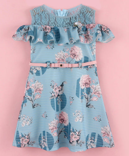 Enfance Cold Shoulder Sleeves Flower & Circle Print Dress -Blue