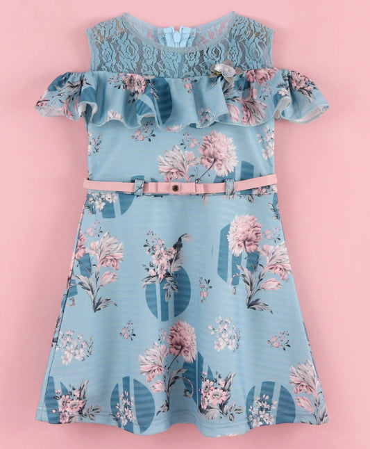 Enfance Cold Shoulder Sleeves Flower & Circle Print Dress -Blue