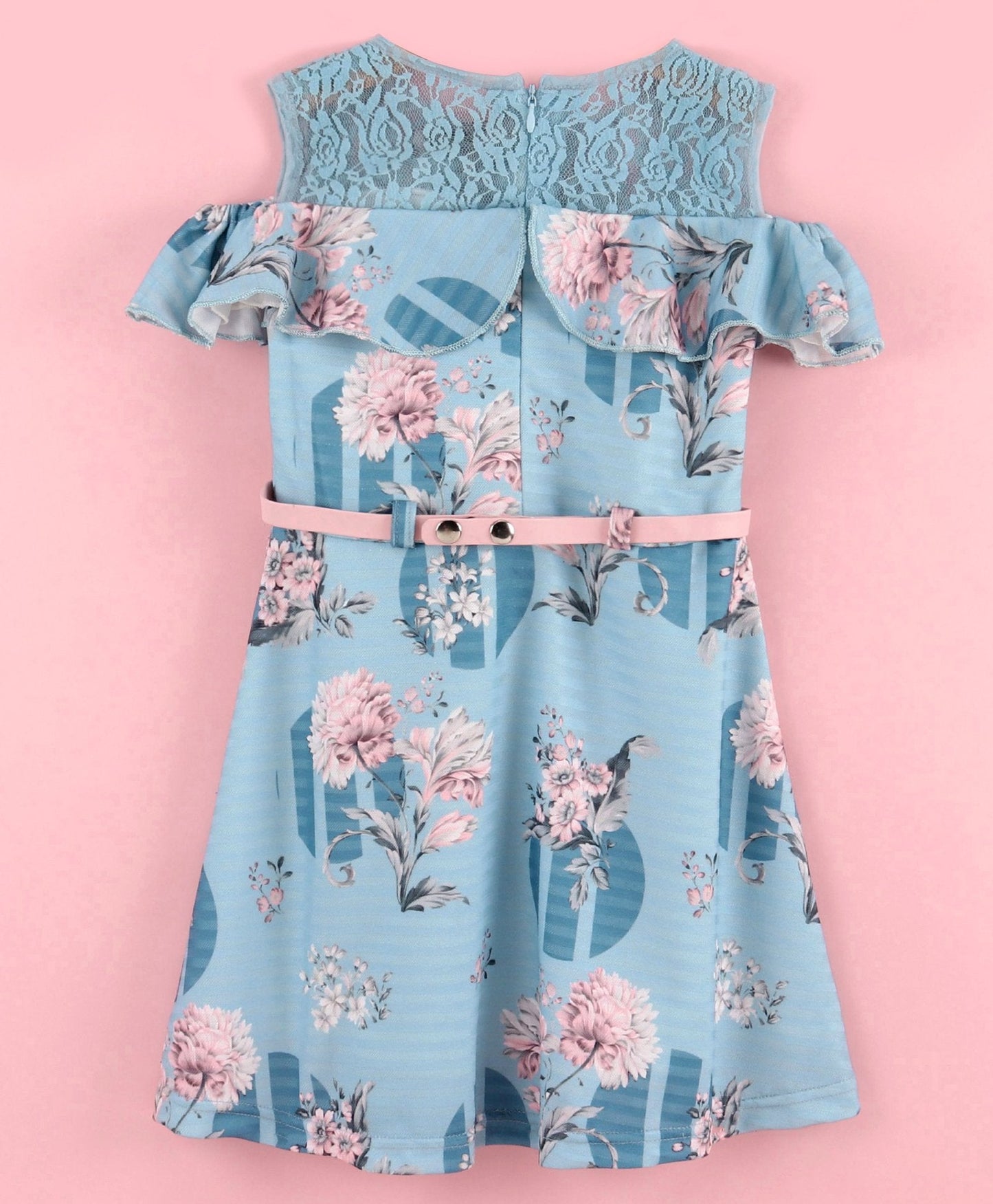 Enfance Cold Shoulder Sleeves Flower & Circle Print Dress -Blue