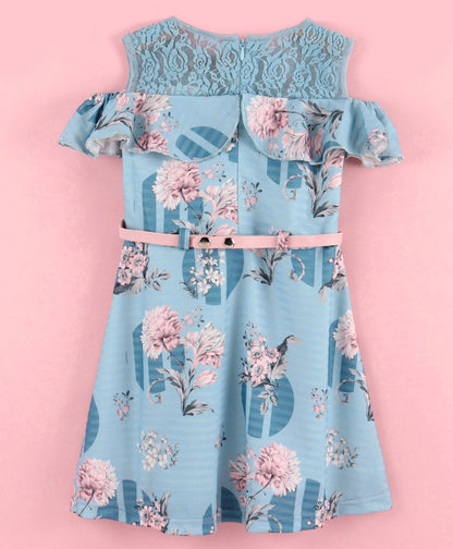Enfance Cold Shoulder Sleeves Flower & Circle Print Dress -Blue