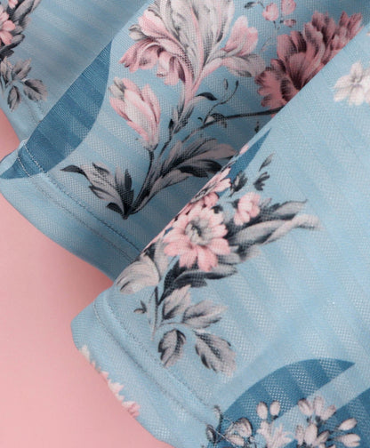 Enfance Cold Shoulder Sleeves Flower & Circle Print Dress -Blue