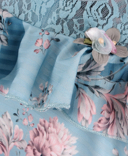 Enfance Cold Shoulder Sleeves Flower & Circle Print Dress -Blue