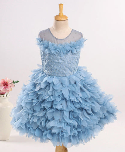 Enfance Sleeveless Ruffled Flowers Embellished Dress-Grey
