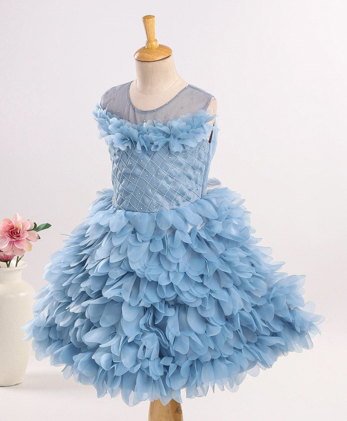 Enfance Sleeveless Ruffled Flowers Embellished Dress-Grey
