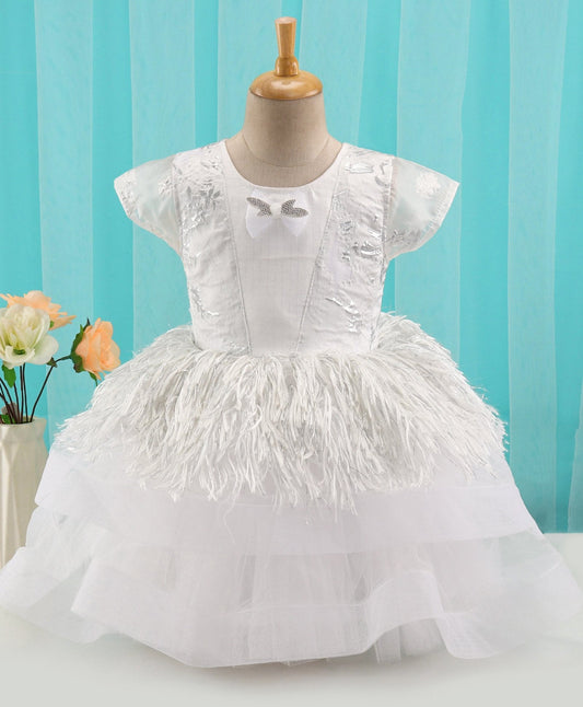 Enfance Cap Sleeves Faux Fur And Bow Detailing Layered Dress -White
