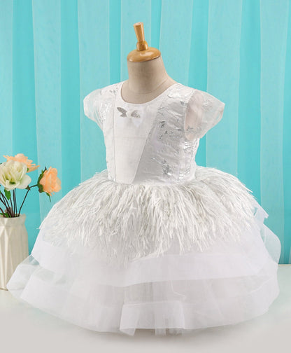 Enfance Cap Sleeves Faux Fur And Bow Detailing Layered Dress -White