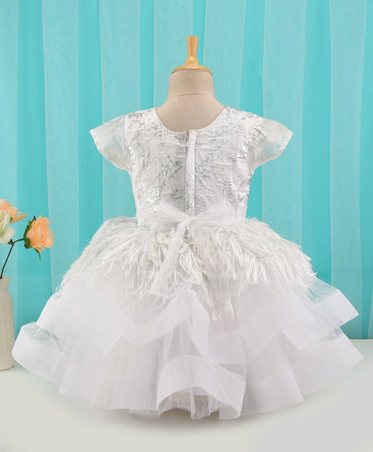 Enfance Cap Sleeves Faux Fur And Bow Detailing Layered Dress -White
