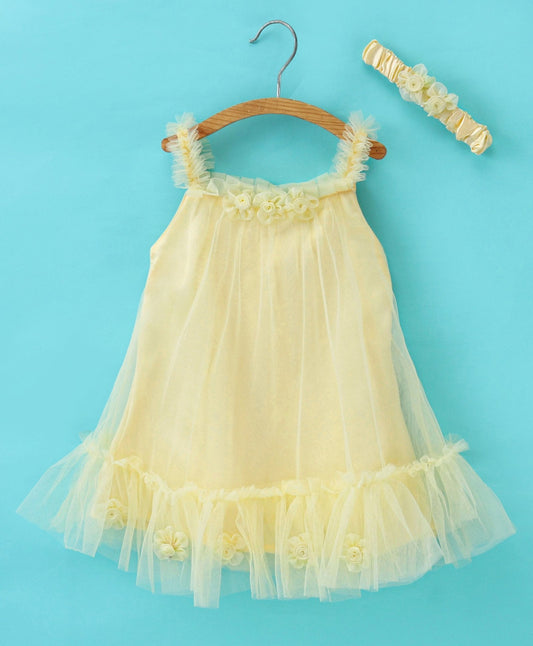 Enfance Sleeveless Solid Flared Dress With Hair Bnad-Lemon