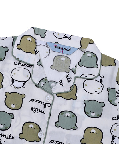 Enfance Half Sleeves Teddy Face Printed Night Suit-L.Green
