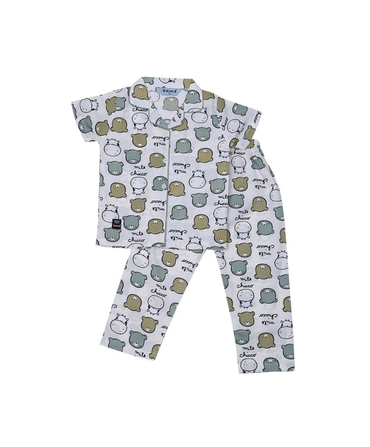 Enfance Half Sleeves Teddy Face Printed Night Suit-L.Green