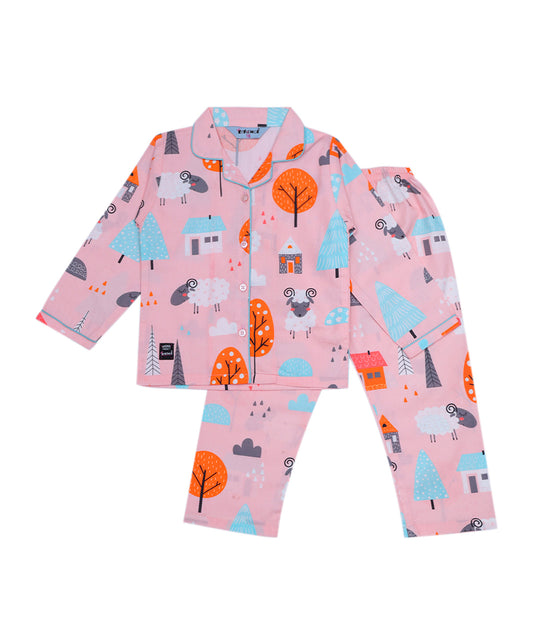 Enfance Cotton Woven Full Sleeves White Sheep Printed Night Suit -Peach